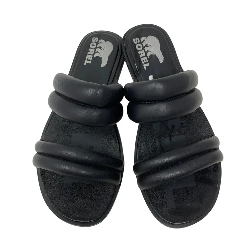 Sorel Ella II Puff Slide Sandal Womens Size 7.5 Black Leather Flat Slip On